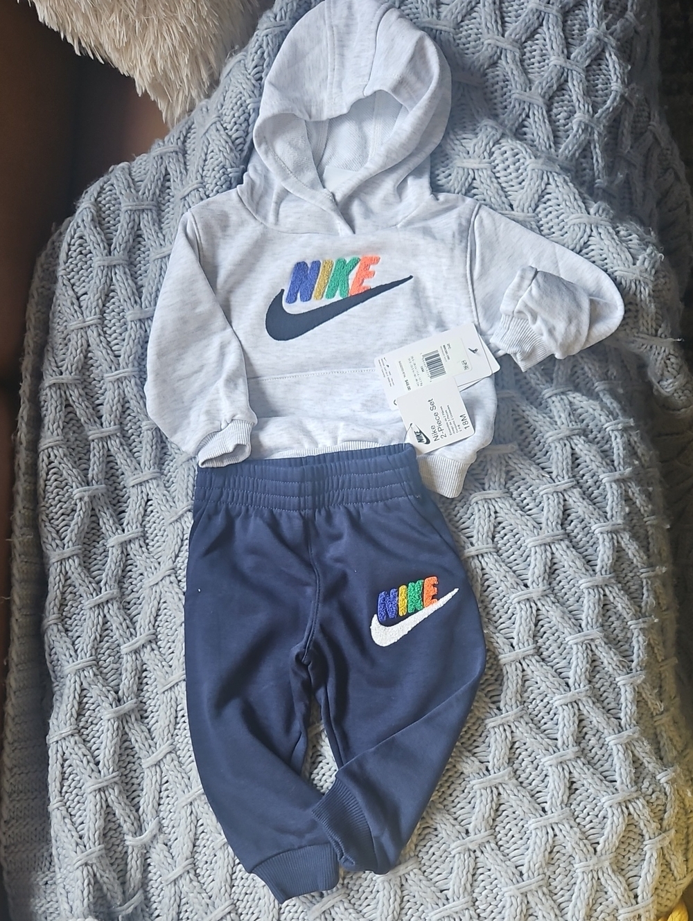 Nike Kids Hoodie & Joggers Set - Light Gray & Navy with Multicolor Logo